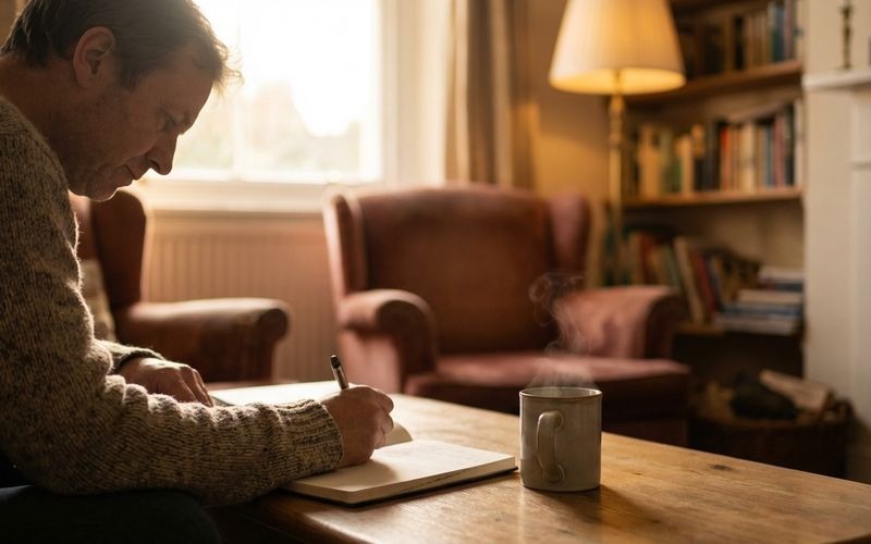 Person journaling with a cup of tea in a calm living room