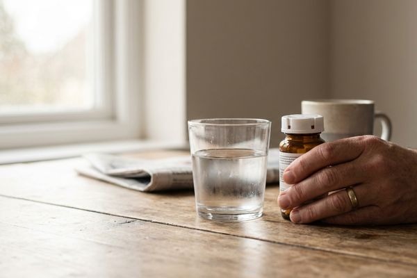 Hand holding a prescription bottle beside a glass of water