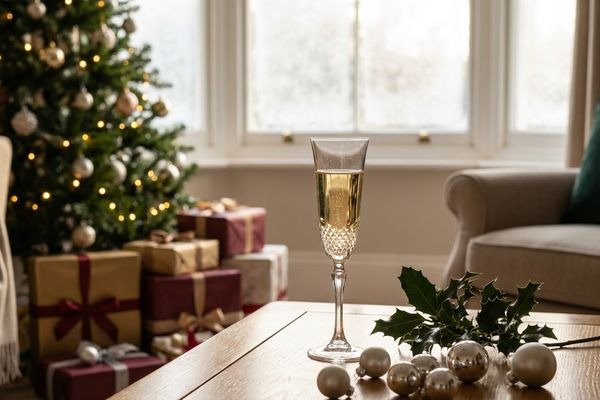 Christmas morning champagne glass with festive decorations
