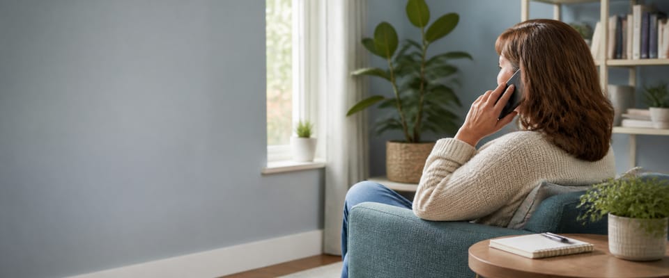 A woman preparing for a phone conversation in a quiet living room