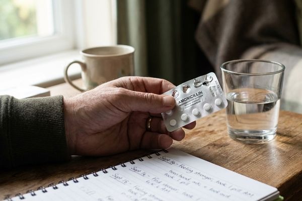 Naltrexone tablet, water glass and recovery notes on a table