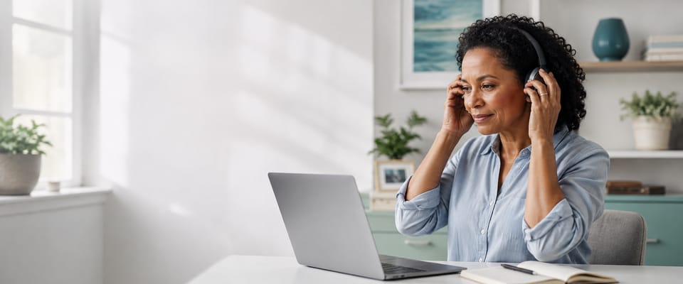 A woman checking her headphones beside a laptop at home
