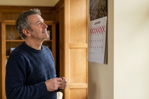 Man looking at January calendar with determination