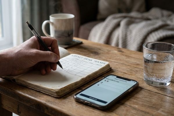Tracking weekly alcohol units in a notebook with a phone and water glass