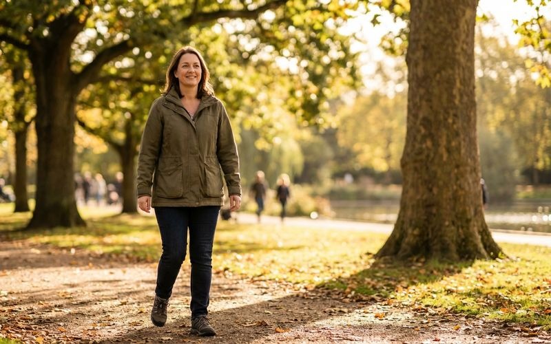 Adult walking in a UK park as part of a healthy recovery routine