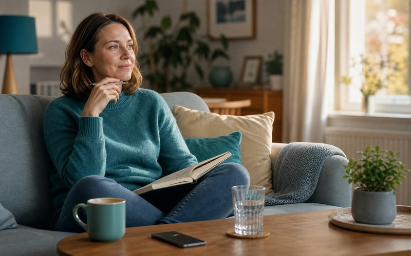 Person reflecting calmly with support notes and a glass of water