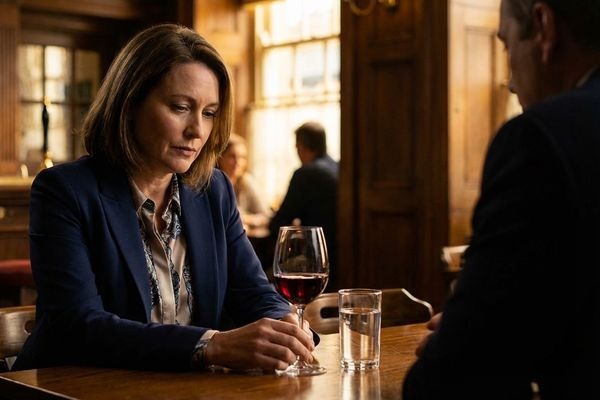 Woman in control, looking contemplatively at untouched glass of wine