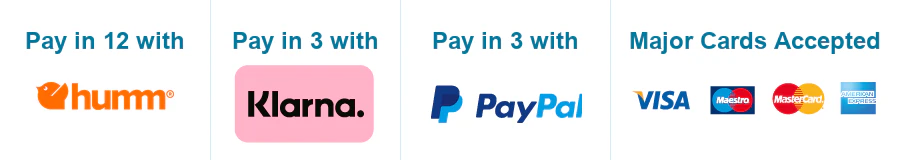 Pay in 3 with Klarna or PayPal, plus major cards accepted