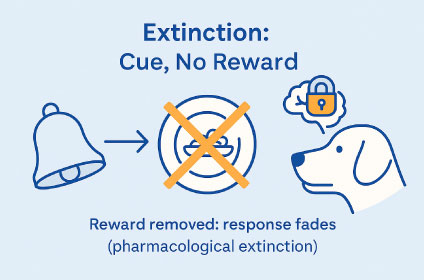 Pharmacological extinction: bell without reward; response fades — like naltrexone blocking alcohol’s endorphin reward so cravings reduce