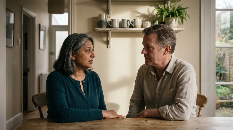 Illustrative scene: two adults making time for a calm conversation at home.