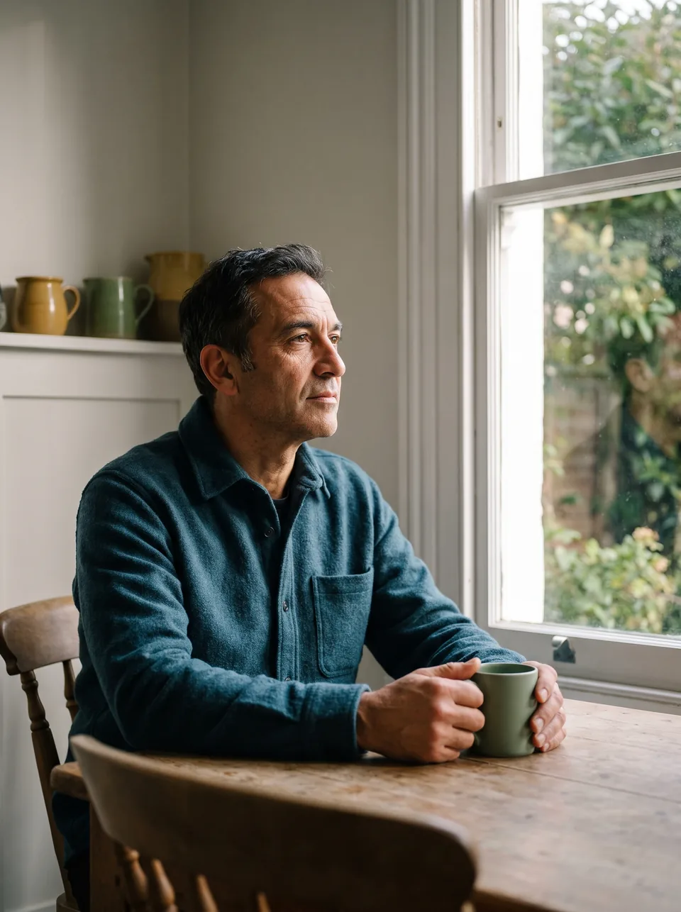 Illustrative scene: a man taking a quiet moment at home by a window.