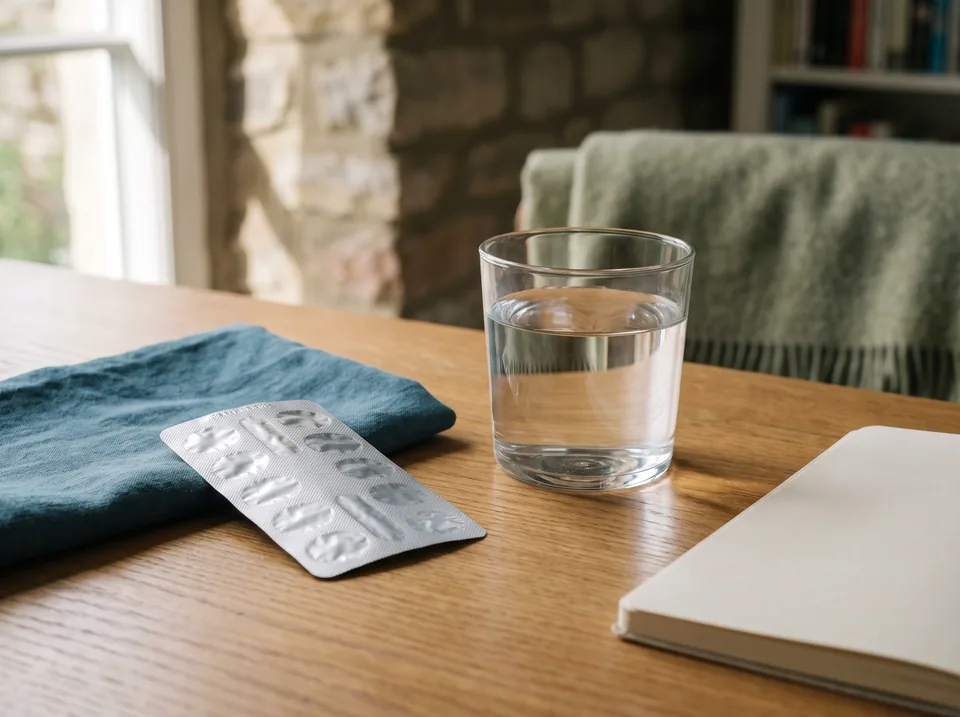Illustrative still life of sealed medicine packaging and a glass of water; not a specific product.
